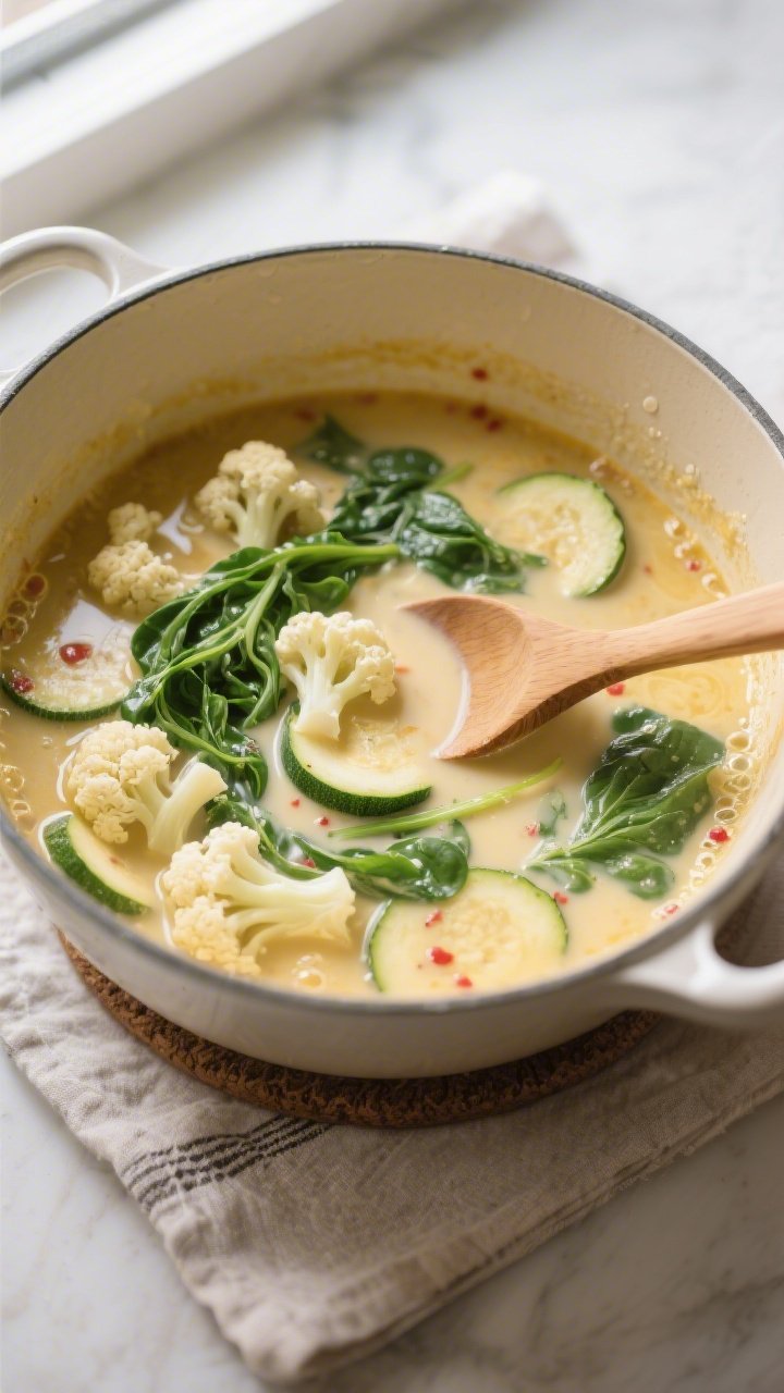 Cooking process, overhead: The soup at a gentle simmer right after cream and greens are added—crea