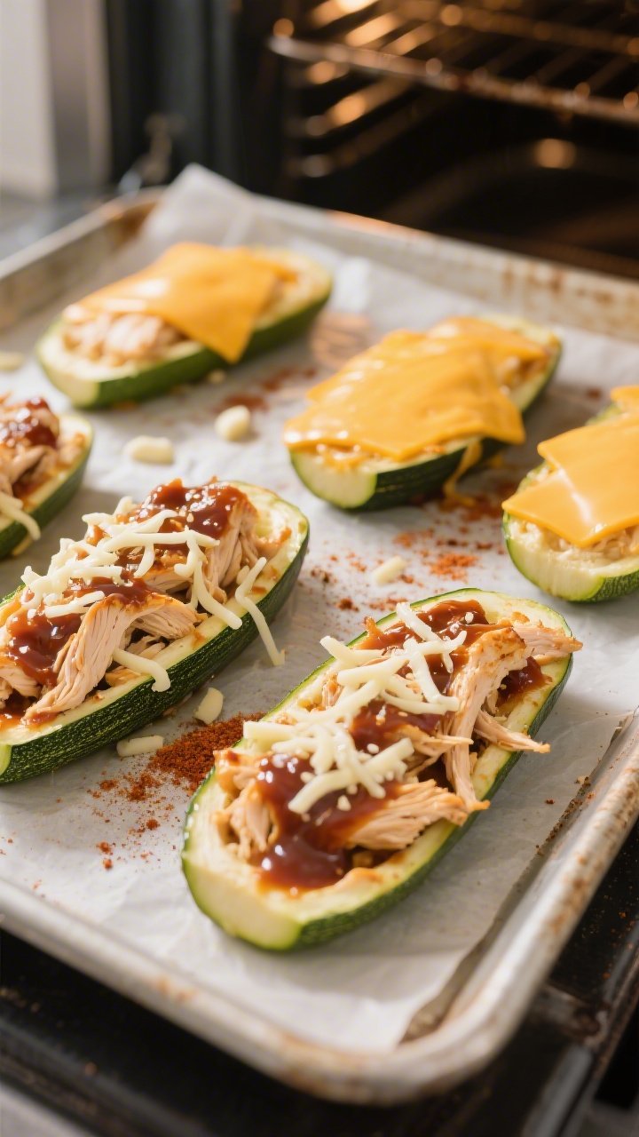 Cooking process: Par-baked zucchini boats on a parchment-lined sheet pan being filled with saucy shr