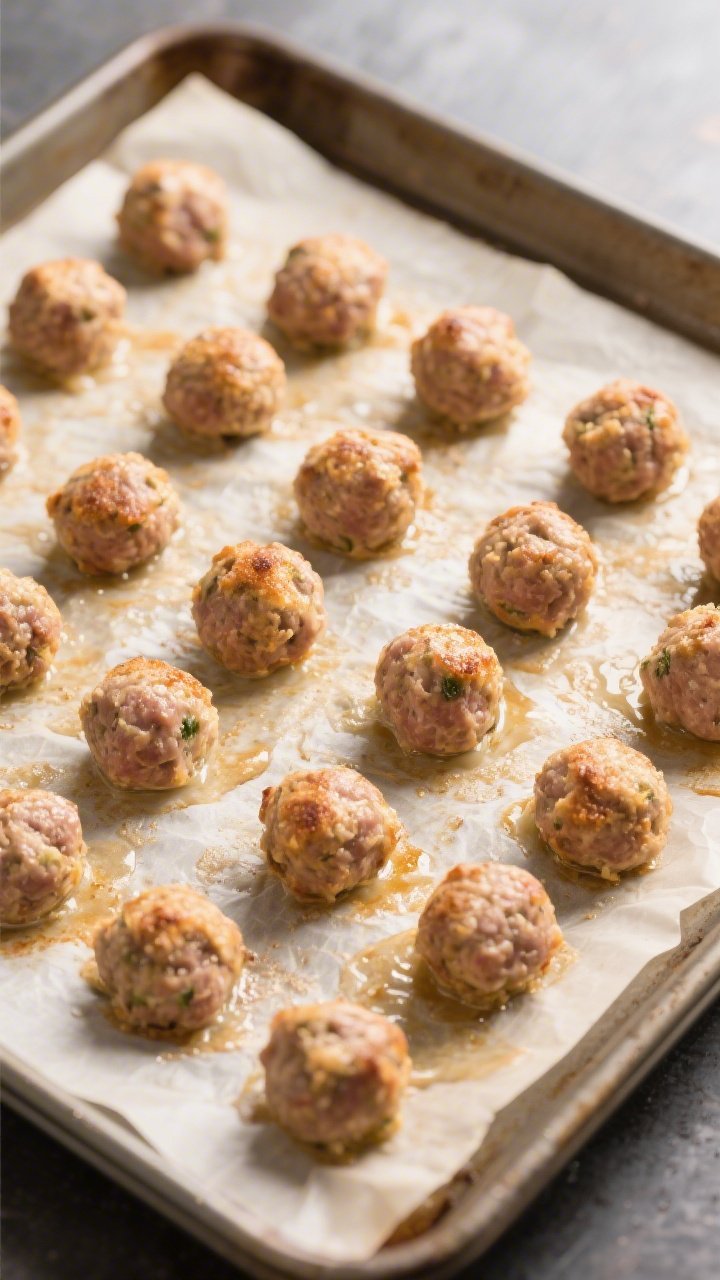 Cooking process: Sausage balls mid-bake on a parchment-lined sheet at 375°F, overhead shot capturin