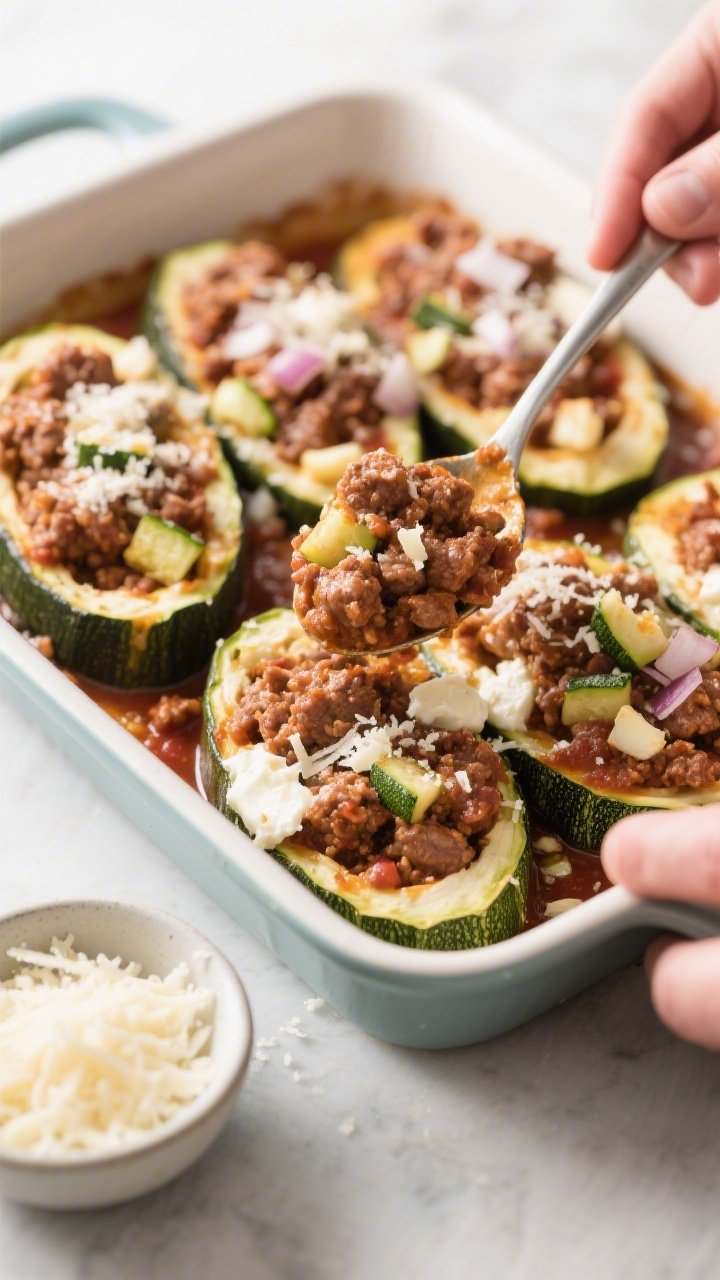 Cooking process: Sausage filling being spooned into pre-baked zucchini shells in a 9x13 baking dish,