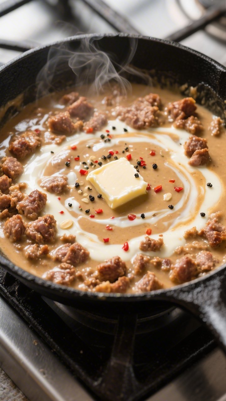 Cooking process: Sausage gravy simmering in a black cast-iron skillet, crumbled browned breakfast sa
