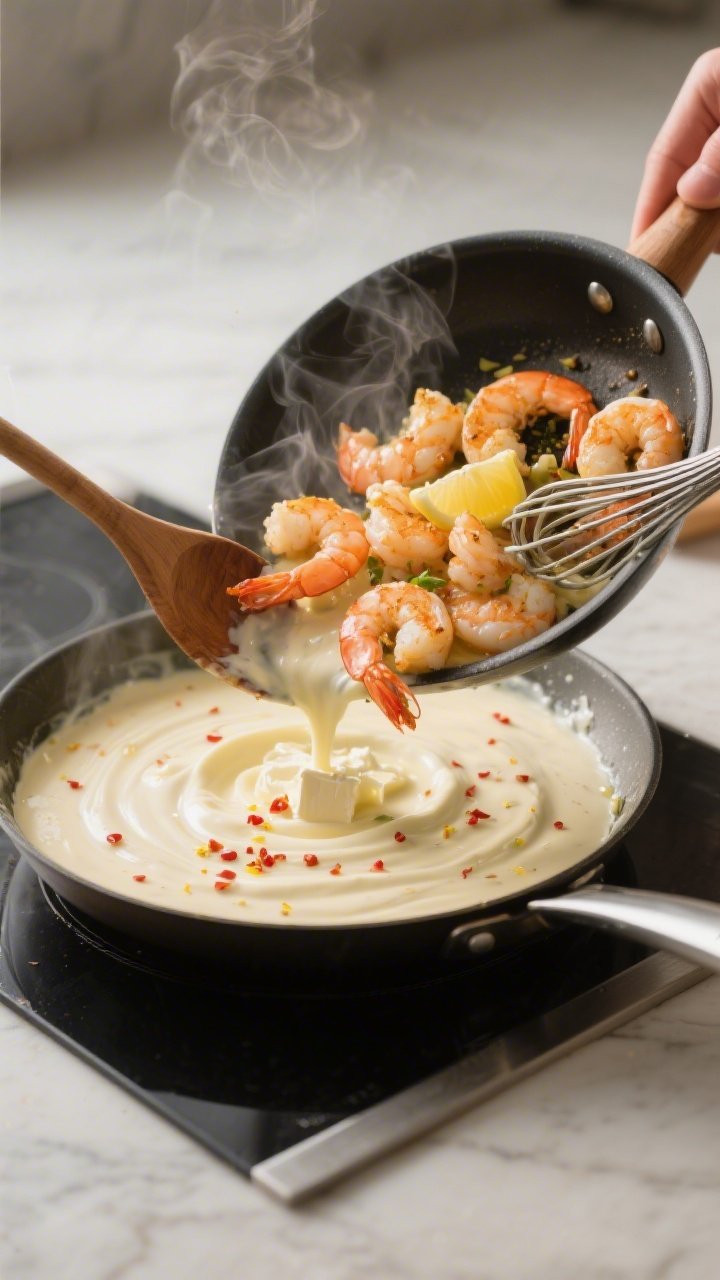 Cooking process: Sautéed shrimp being transferred from a skillet to a plate, captured mid-action wi
