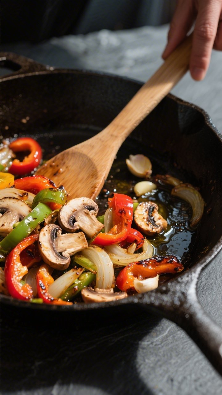 Cooking process: Sautéed veggies being finished in a large cast-iron skillet—peppers and onions s