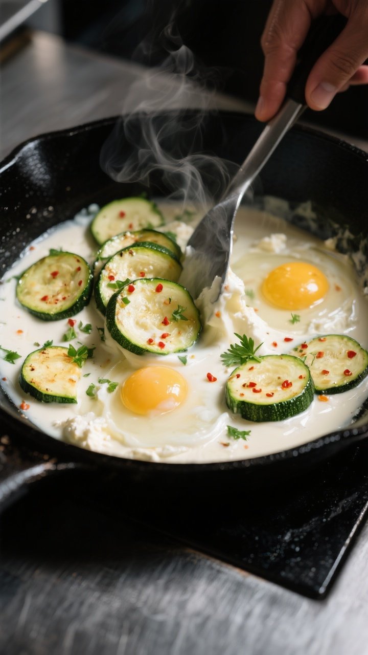 Cooking process: Sautéed zucchini half-moons in a large skillet being folded into a silky cream mix