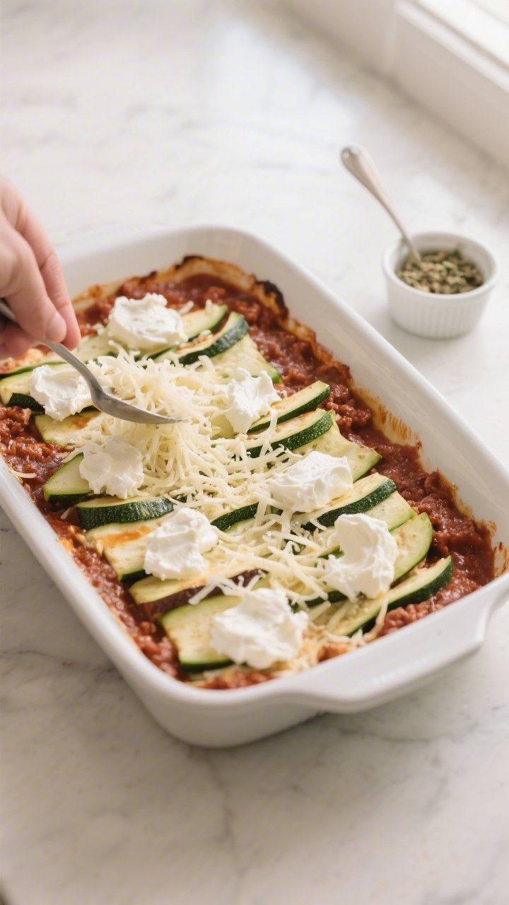 Cooking process scene: assembling the casserole in a 9x13 white baking dish from an angled overhead