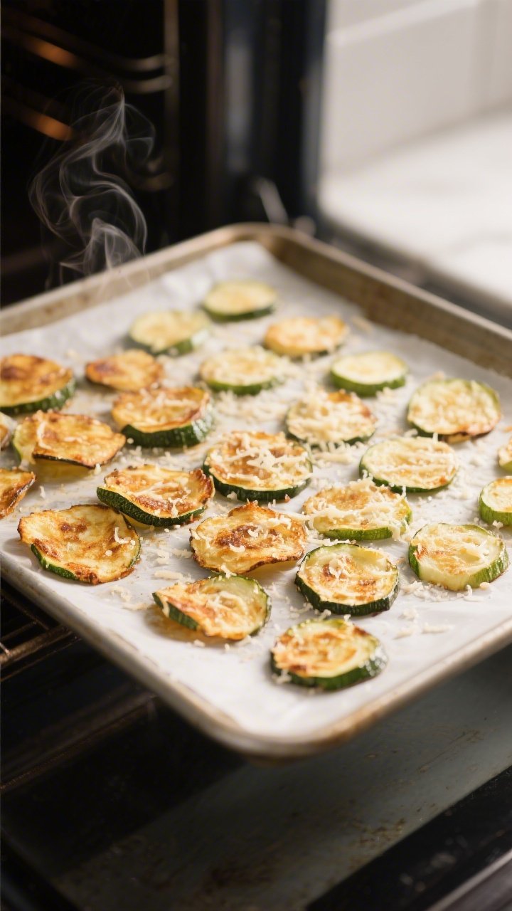 Cooking process scene: oven-baked zucchini chips midway through on a parchment-lined sheet pan, each