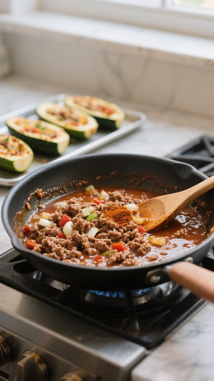 Cooking process scene, three-quarter angle: skillet on stovetop with browned ground turkey simmering
