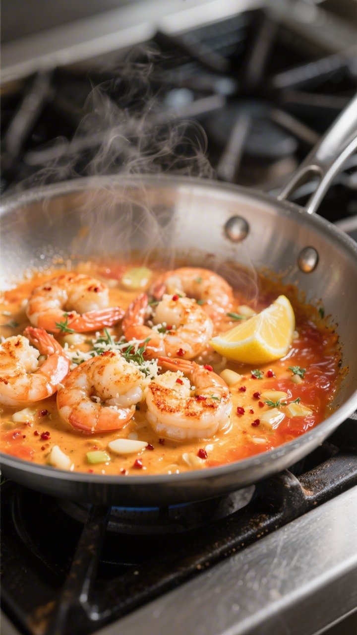 Cooking process — Searing shrimp: Large stainless steel skillet on stovetop with a glossy, sunset-