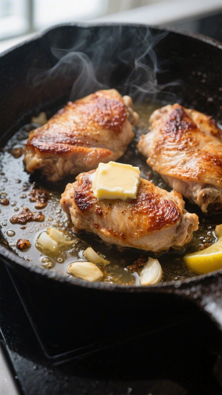 Cooking process: Searing stage in a large cast-iron skillet—chicken thighs skin-side down with eve