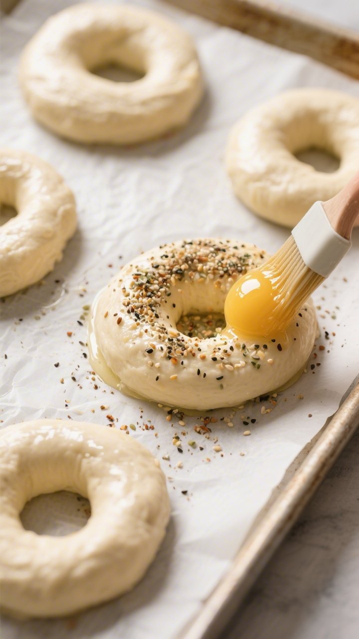Cooking process: Shaped fathead dough rings on a parchment-lined baking sheet being brushed with a s