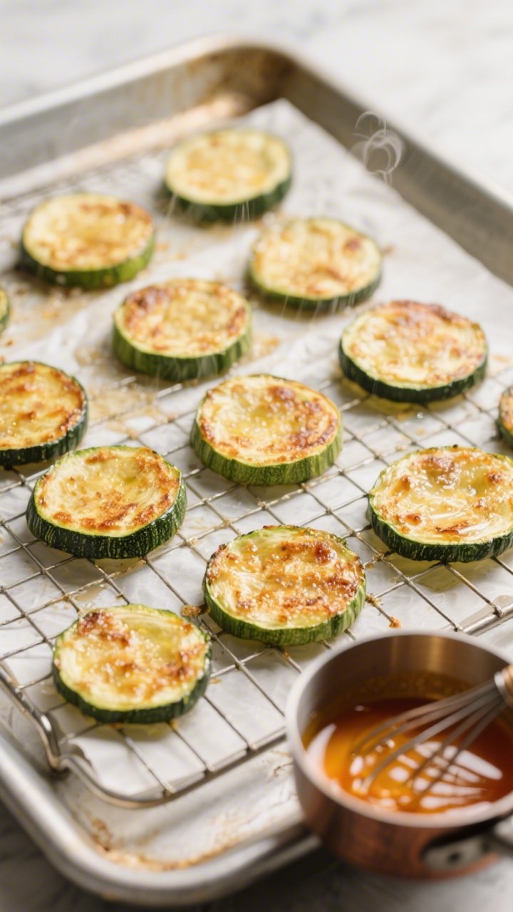 Cooking process shot: Oven-baked version midway through—uniform zucchini rounds on a parchment-lin