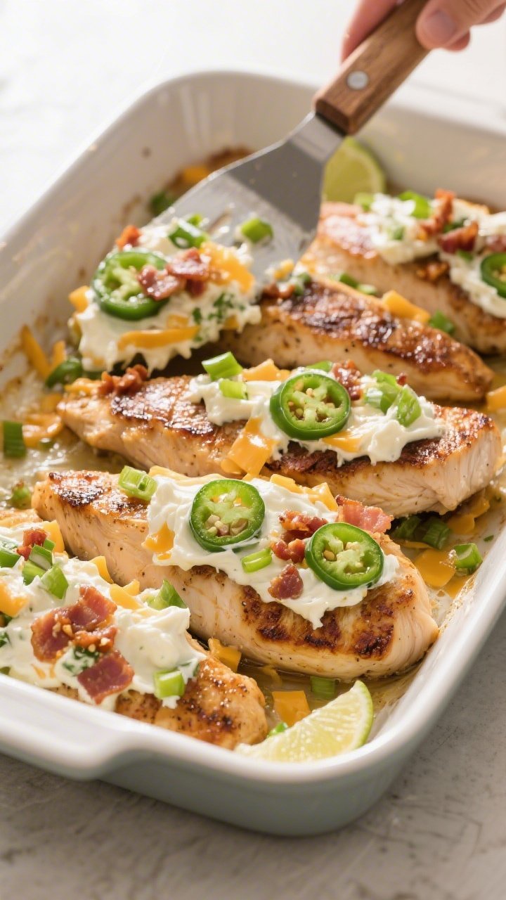 Cooking process shot: Overhead view of seared chicken breasts arranged in a 9x13 baking dish being t