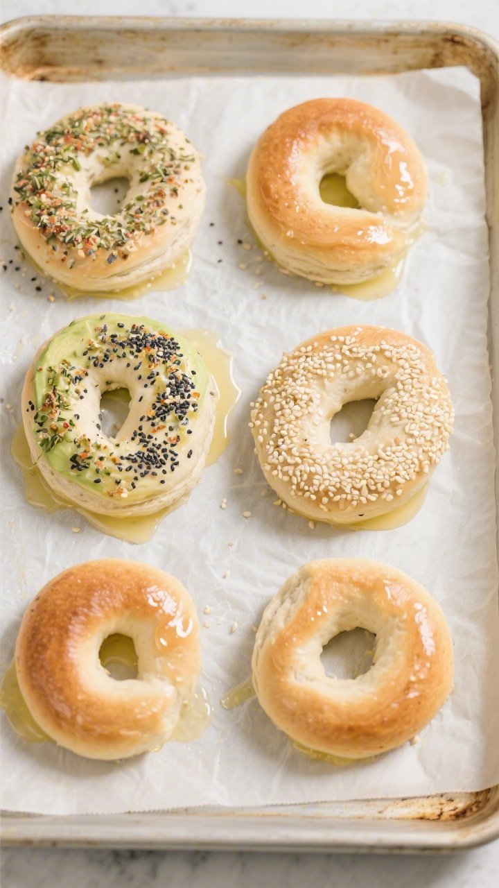 Cooking process shot: Overhead view of six shaped keto bagels on a parchment-lined baking sheet, jus