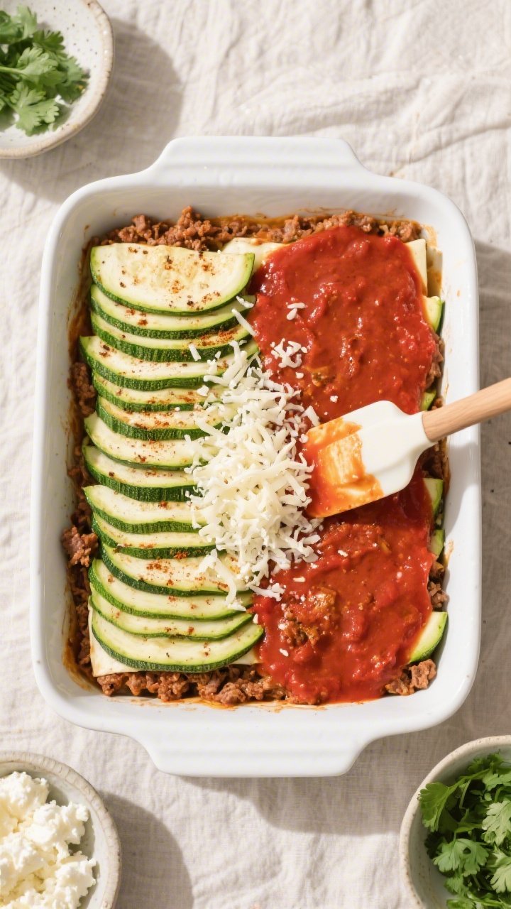 Cooking process shot: Overhead view of the layering step in a 9x13 white baking dish—neatly overla