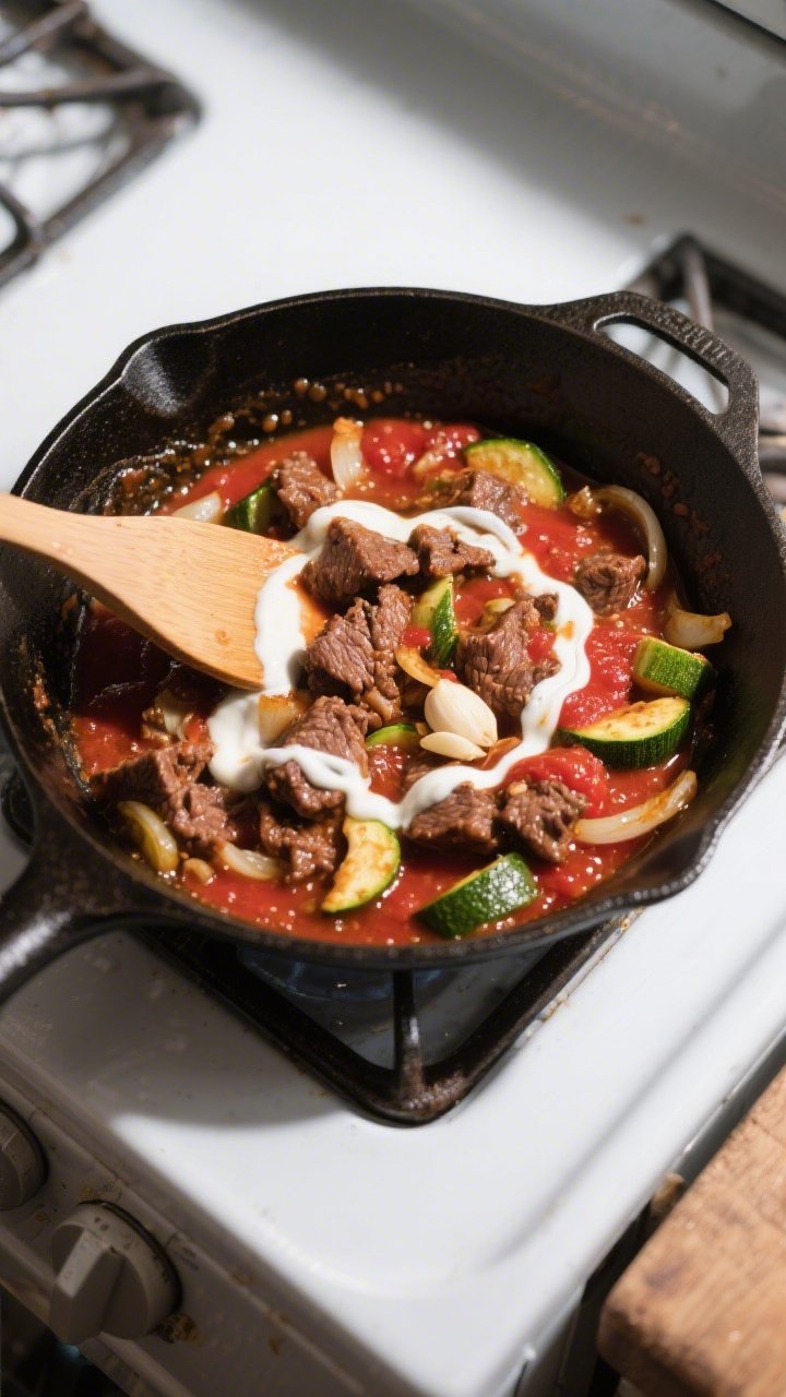 Cooking process shot: Overhead view of the one-pan skillet at the saucing stage—browned beef with 