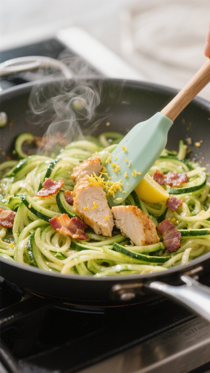 Cooking process shot: Quick sauté of zoodles in a wide stainless skillet, strands glistening with a