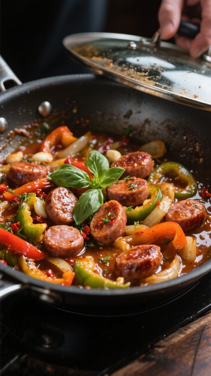 Cooking process shot: sausage and peppers finishing in the skillet, lid just removed to reveal sausa