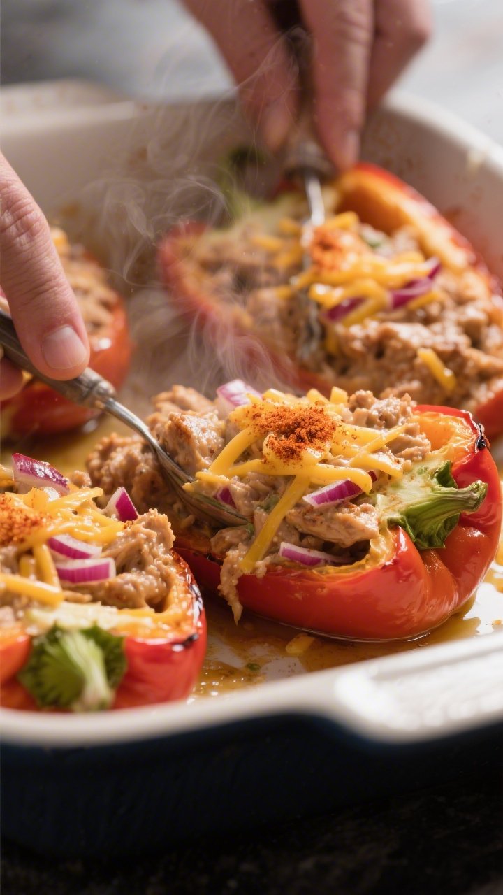 Cooking process shot: stuffing pre-softened roasted pepper halves with the creamy BBQ chicken mixtur