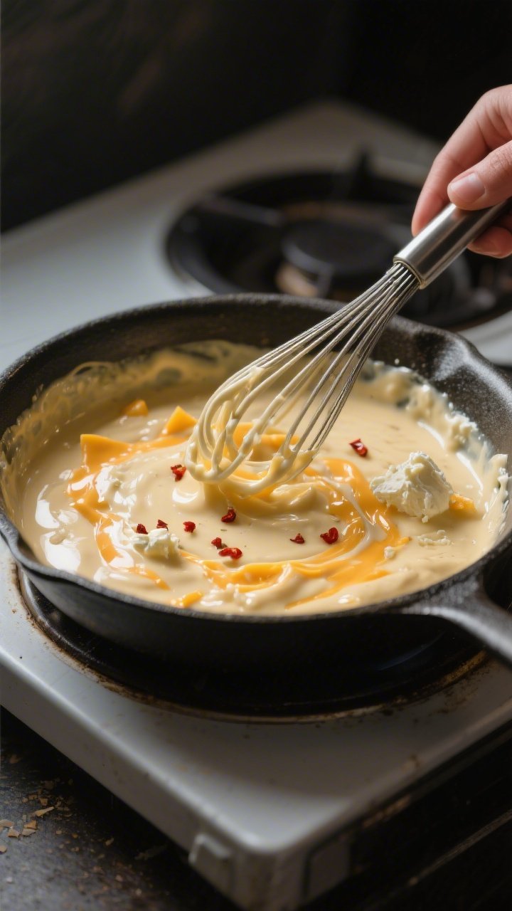 Cooking process shot: the creamy cheese sauce being whisked smooth in a skillet—glossy blend of so