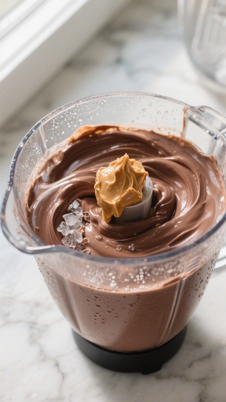 Cooking process shot: Thick, chocolatey peanut butter cup keto protein smoothie mid-blend in a high-