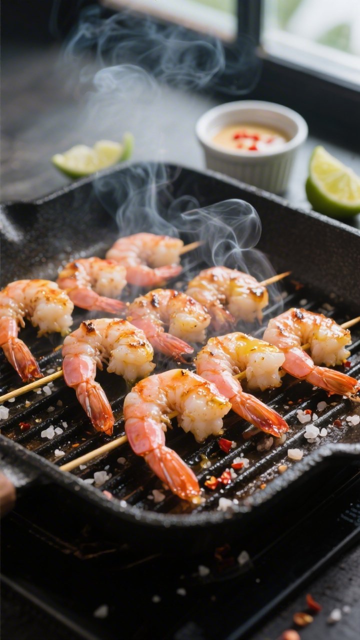 Cooking process: Shrimp skewers sizzling on a preheated grill pan over medium-high heat, steam and l