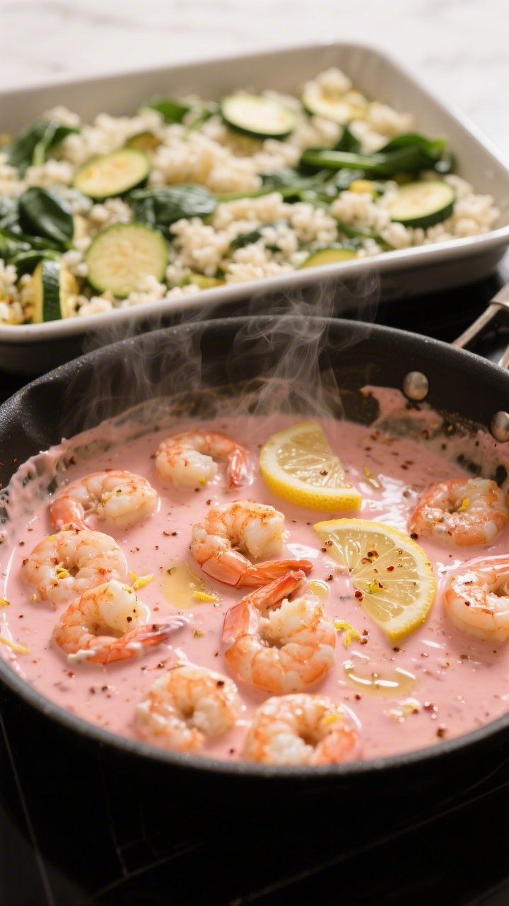 Cooking process: Shrimp tossed in a silky lemon-kissed cream and cream cheese sauce in a skillet, pi