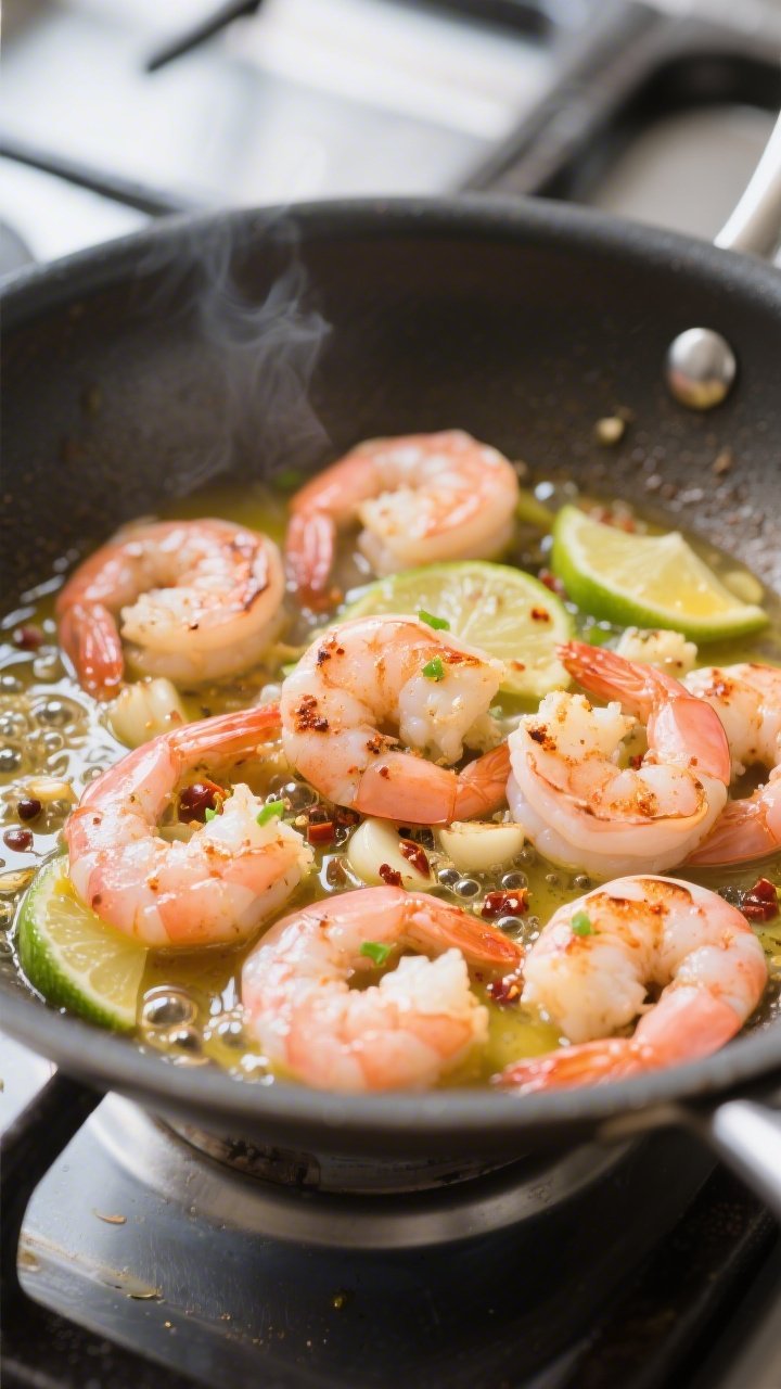 Cooking process: Sizzling shrimp in a skillet mid-cook, close-up of pink, just-opaque shrimp tossed 