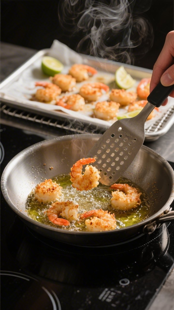 Cooking process: Skillet-fried coconut shrimp bites in avocado oil, mid-sizzle with a few pieces bei