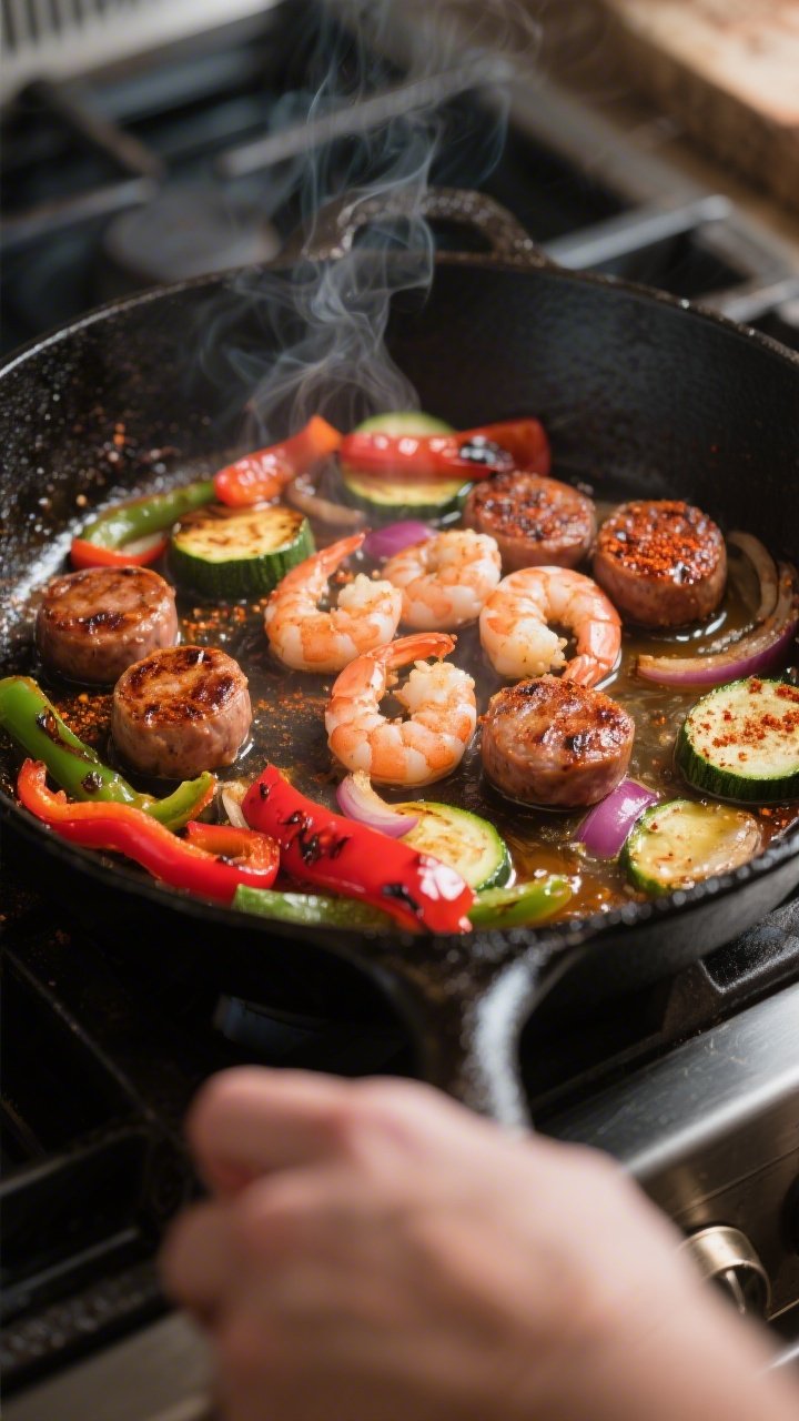 Cooking process, skillet sear: Cajun sausage rounds sizzling in a 12-inch cast-iron skillet with lig