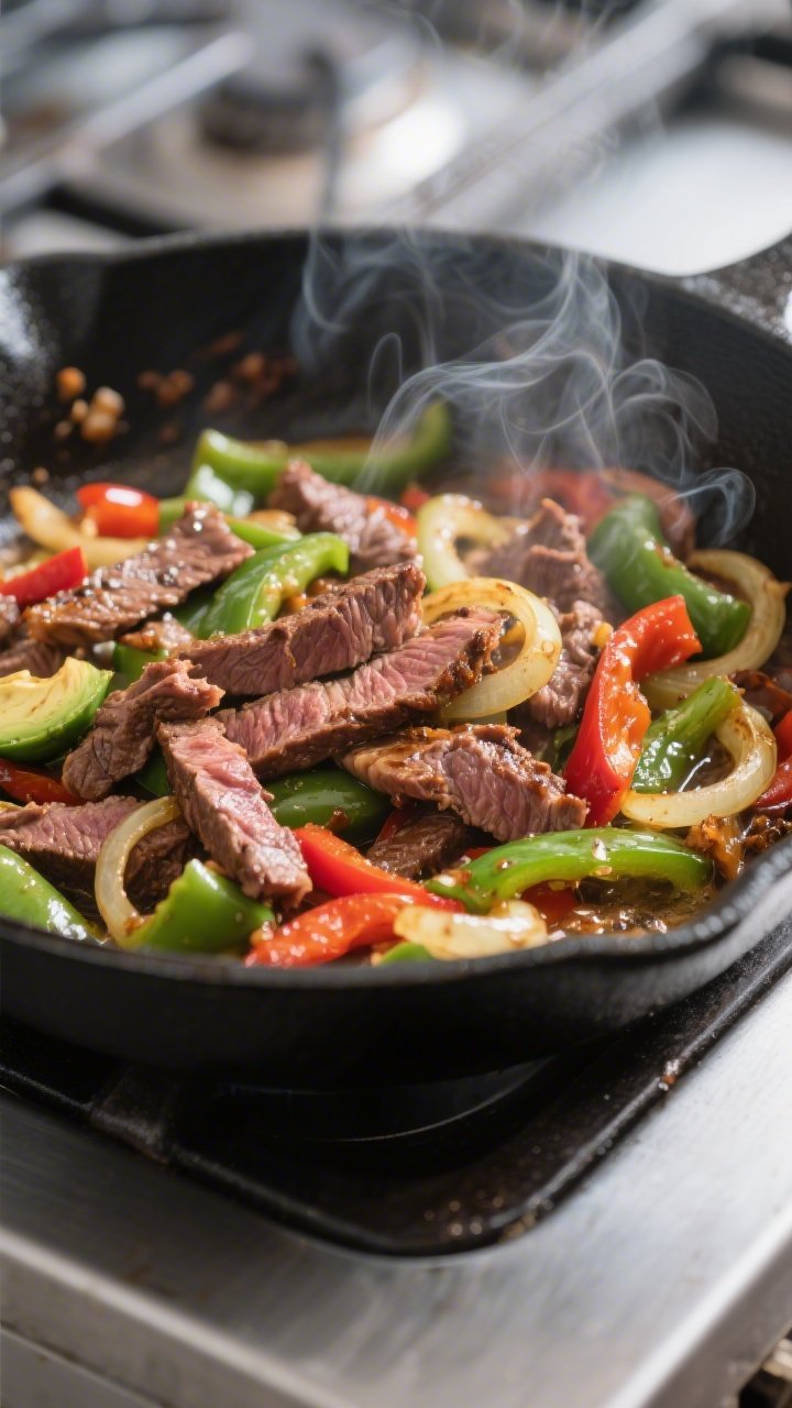 Cooking process, skillet sizzle: Close-up of browned shaved steak mingling with softened green and r