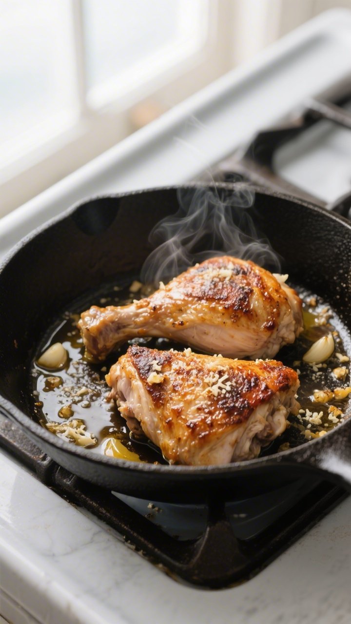 Cooking process: Skillet-to-oven moment with chicken thighs seared skin-side down in an oven-safe ca