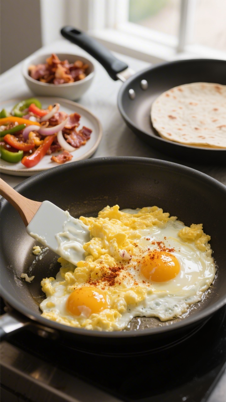 Cooking process: Soft-scrambled eggs being gently pushed across a buttered nonstick skillet with a s