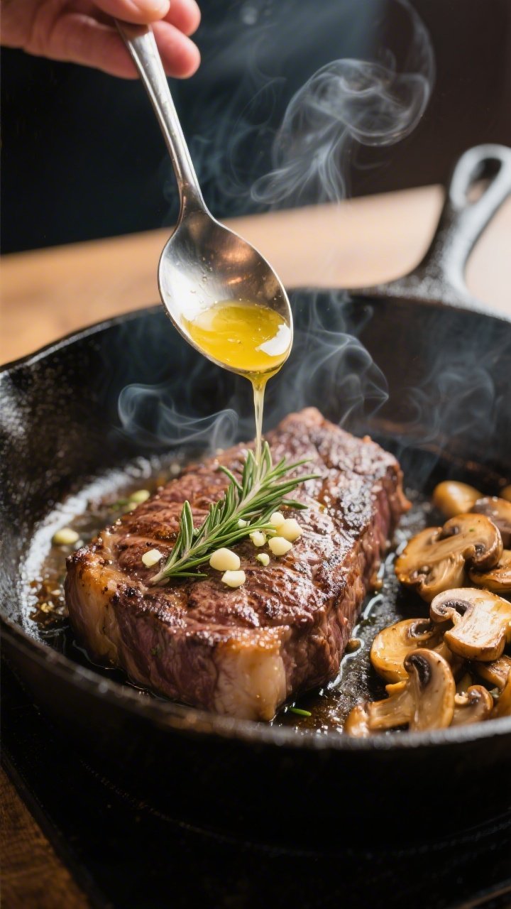 Cooking process: Steak basting in a cast-iron skillet—spoon mid-air pouring melted butter infused 