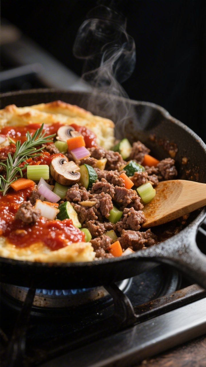 Cooking process, stovetop scene: An oven-safe skillet on a burner with the keto shepherd’s pie fil