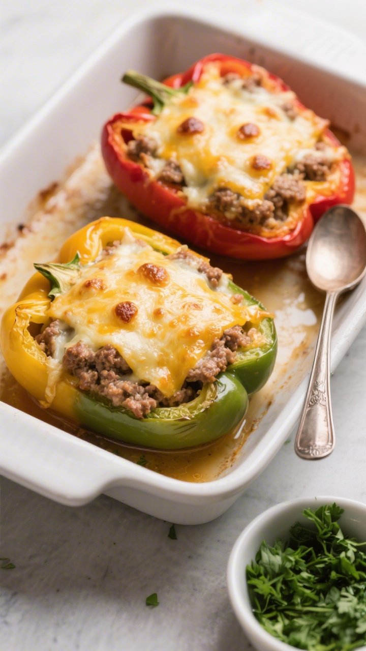 Cooking process: Stuffed bell pepper halves just out of the oven at 375°F, cheese on top melted and