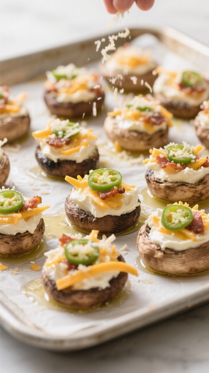 Cooking process: Stuffed mushroom caps on a parchment-lined sheet pan right before baking, neatly mo