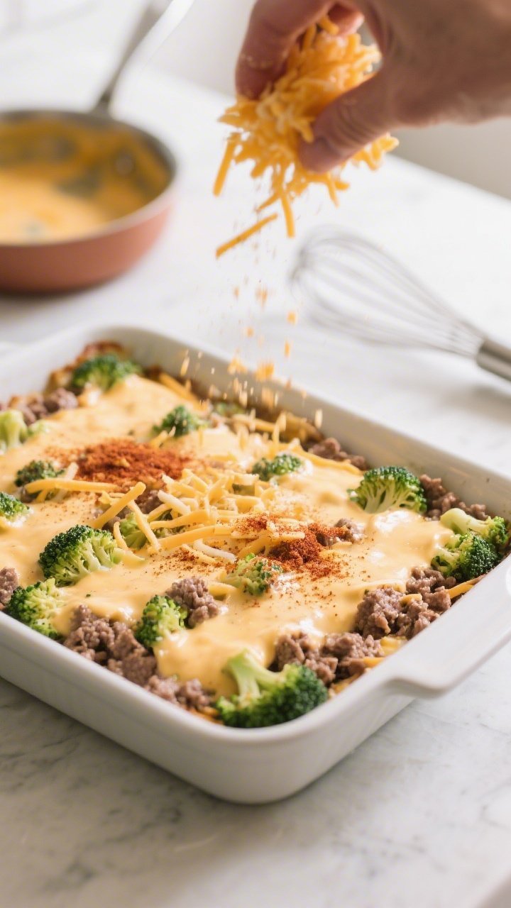 Cooking process: The assembled bake being finished before the oven—overhead shot of a 9x13 baking 