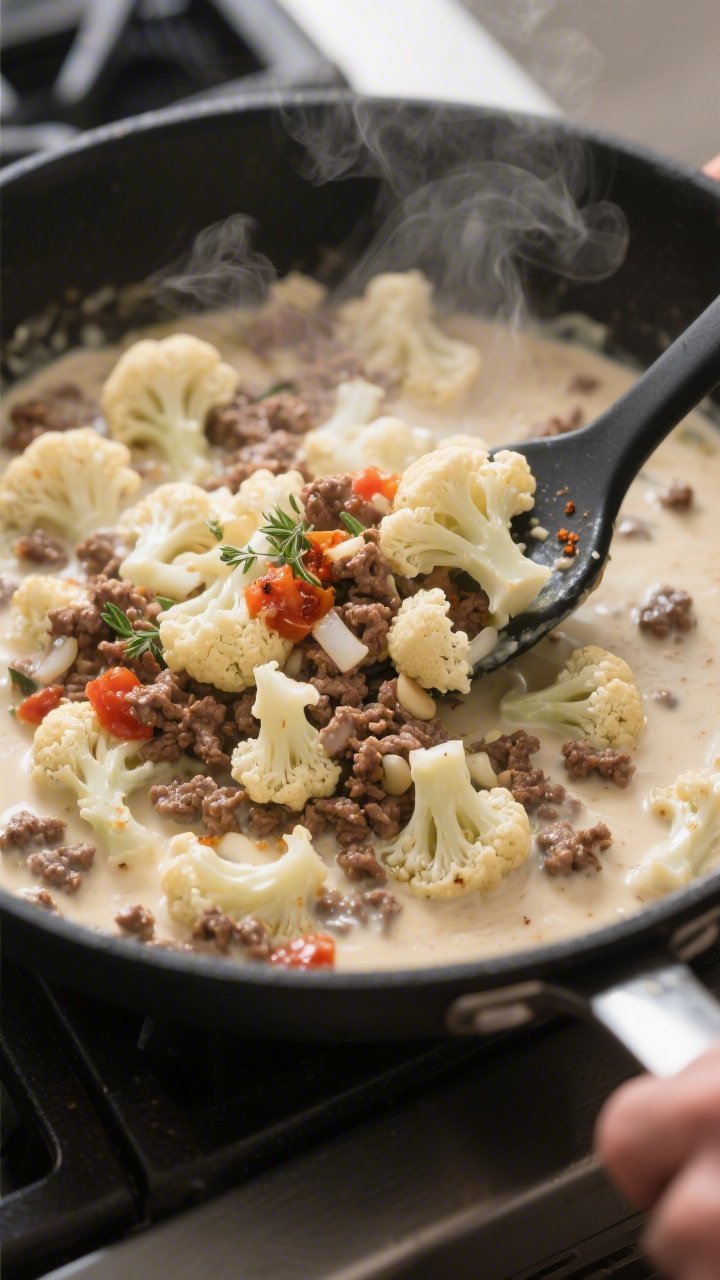 Cooking process: The creamy beef-and-cauliflower mixture being folded together in a large skillet, s