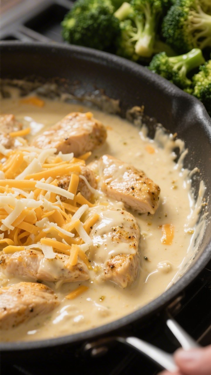 Cooking process: The creamy cheese sauce in a skillet at a gentle simmer, perfectly smooth and gloss