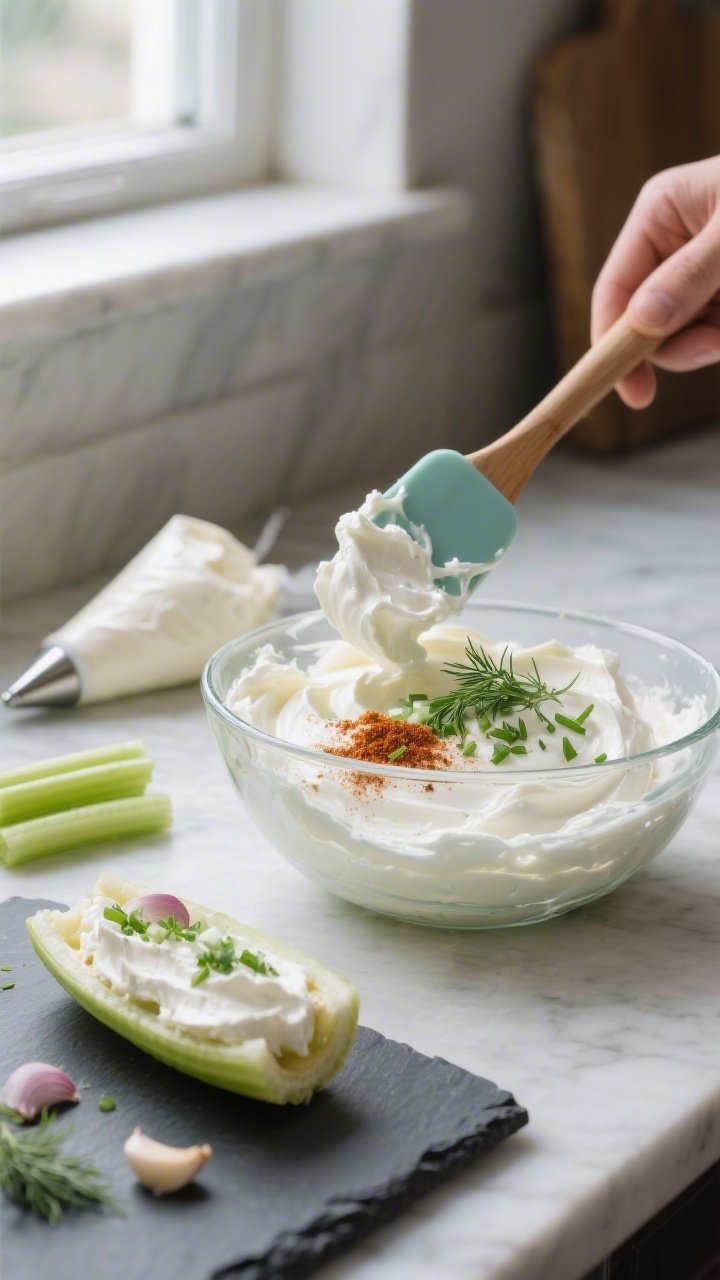 Cooking process: The filling being mixed in a glass bowl—creamy base of softened cream cheese and 