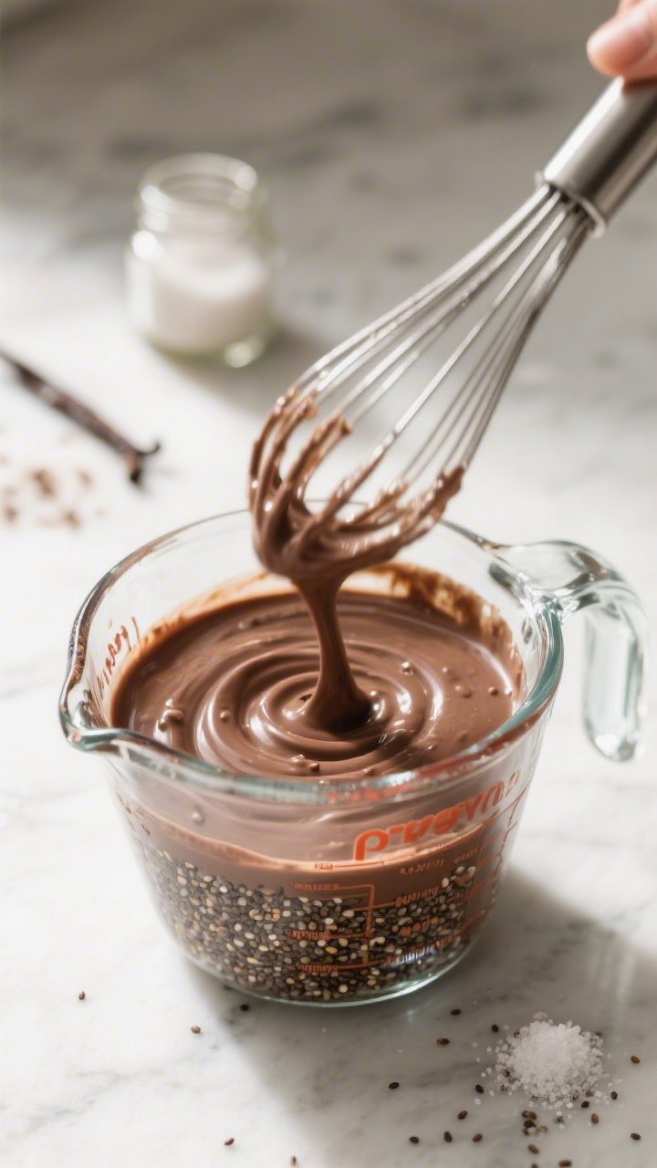 Cooking process: The pudding mixture being whisked after a 5-minute rest to break up settling—silk