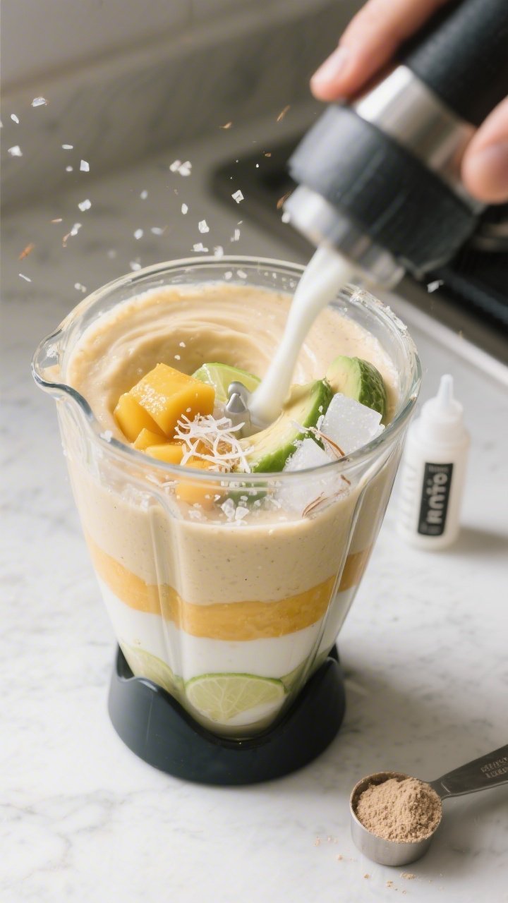 Cooking process: The smoothie mid-blend in a high-speed blender jar, captured from a 45-degree angle