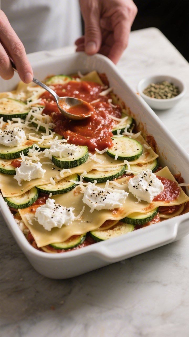 Cooking process: The zucchini lasagna mid-assembly in the baking dish—an even layer of pre-cooked 