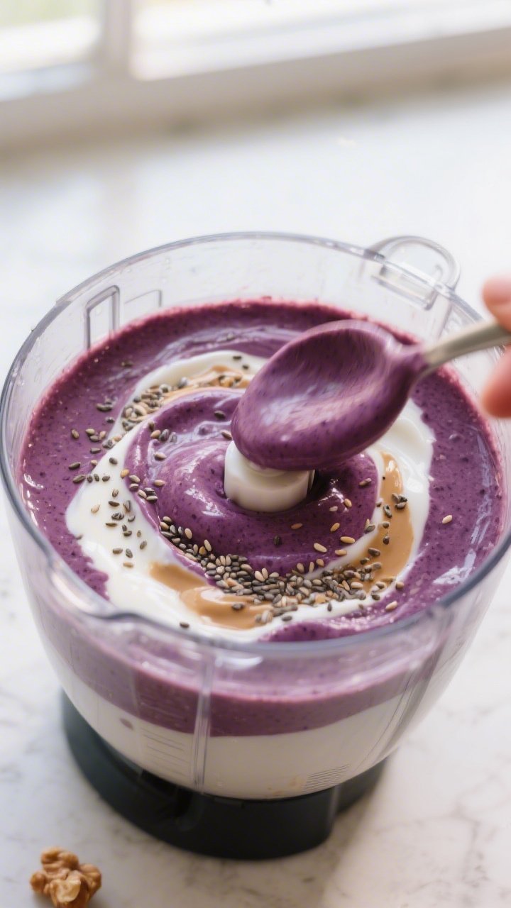 Cooking process: Thick high-protein smoothie bowl base mid-blend in a clear blender jar, showing a s