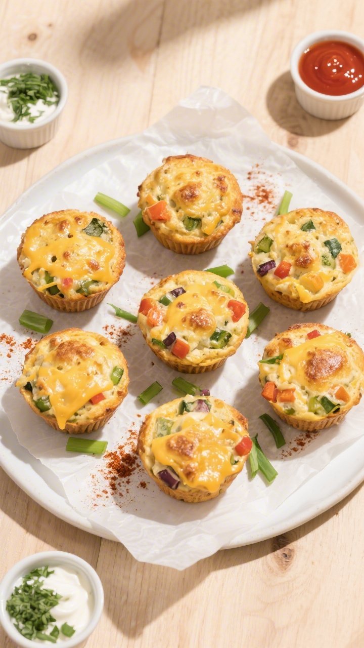 Final dish, : A neat meal-prep arrangement of six fully cooled breakfast muffins on a matte white pl