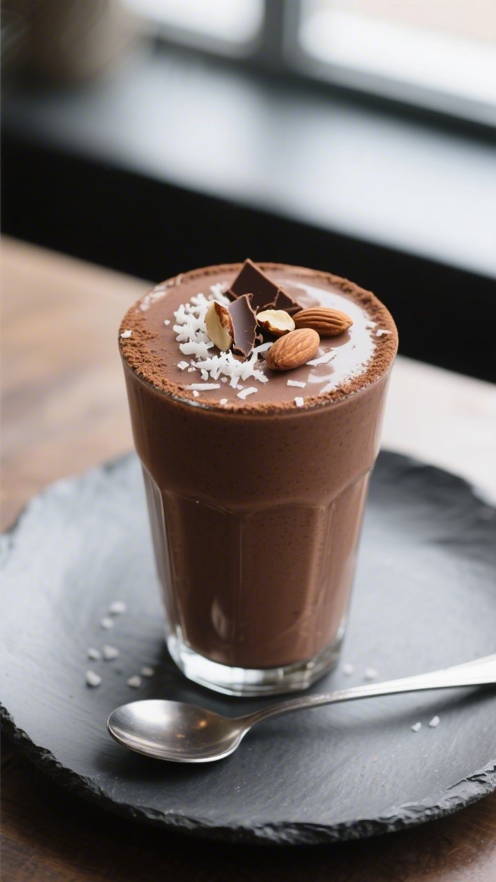 Final dish: A tall, chilled glass of Almond Joy Keto Protein Smoothie poured to the brim, ultra-smoo