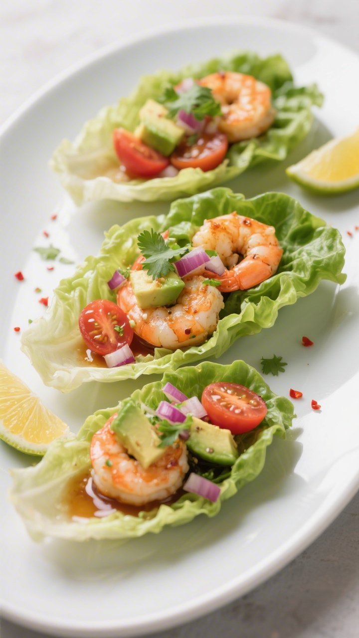 Final dish, beauty plate: Keto Shrimp Lettuce Boats neatly arranged on a matte white oval platter, c