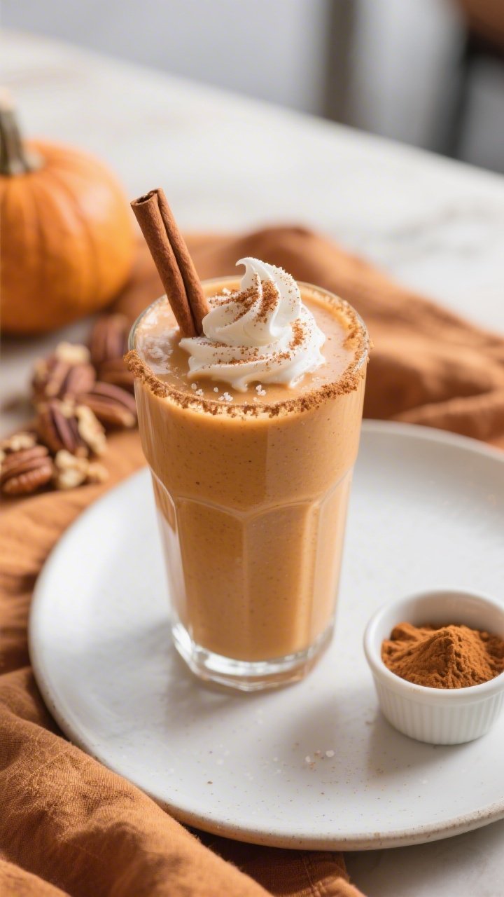 Final dish – Cafe-style presentation: A tall chilled glass of Pumpkin Spice Keto Protein Smoothie 