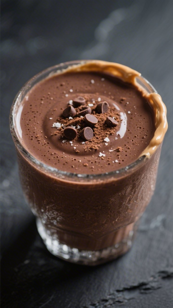 Final dish close-up: Creamy peanut butter cup keto smoothie poured into a chilled, frosty glass, ult