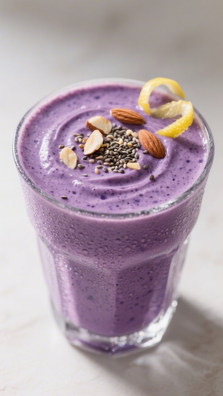 Final dish close-up: Extreme close-up of a thick, velvety blueberry keto protein smoothie poured int